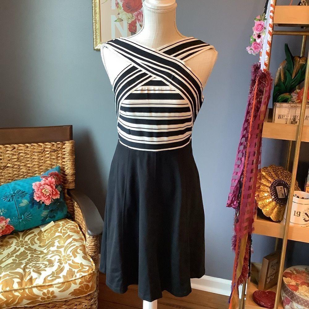 Maeve Black and White Striped Crossfront Fit-and-Flare Dress